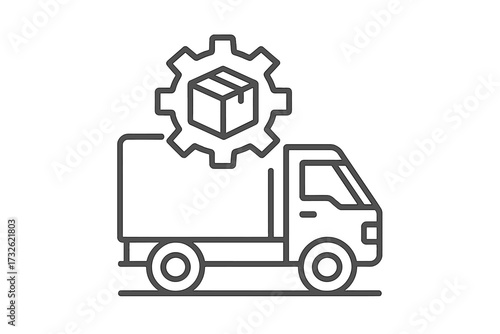 Delivery truck with gear and package symbol, logistics and shipping concept, cargo transportation vector illustration, supply chain management, parcel service icon