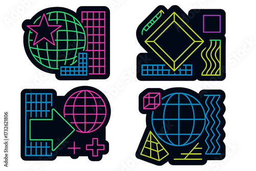 Techno streetwear print design templates in Y2K brutalist style with neon color grid, abstract geometric shapes, retro futuristic vector collection for fashion and graphics