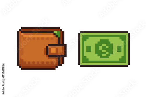 Pixel style wallet and green dollar bill icon, vector cartoon illustration, money symbol, finance concept, cash and currency graphic with transparent background