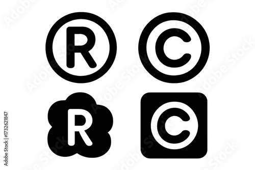 Trademark and Copyright Icon Set, Vector Glyph Illustrations with Transparent Background, Commercial Symbols for Intellectual Property Rights, Registered and Copyright Marks Design
