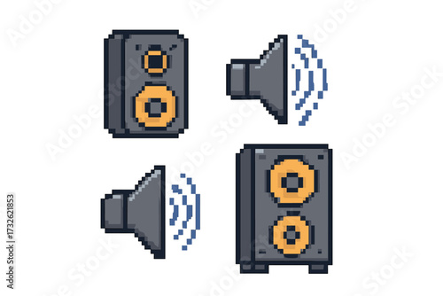 Pixel style transmission and suspension icons set, vector cartoon illustration with transparent background, ordered collection of sound speaker and vibration symbols, digital technology graphics