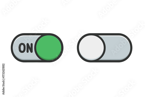 Toggle switch on and off buttons set, green and white round slider vector icons, control panel illustration, UI interface elements, power on off toggle buttons, digital device control