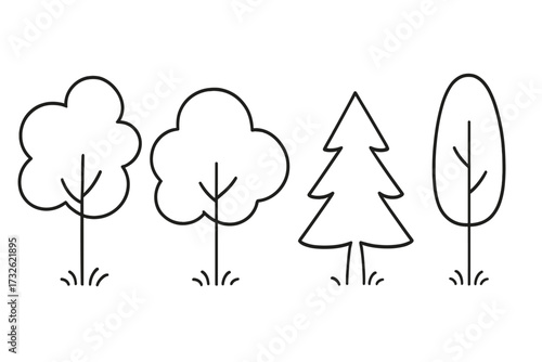 Trees outline vector set for graphic design, web, apps, adverts, and greeting cards. Cartoon style forest tree illustrations with transparent background, ordered collection of various tree shapes