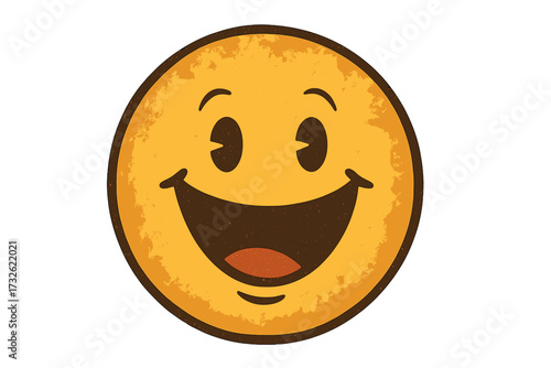 Vintage retro happy smiley face emoji with open mouth expressing positive humor and joy, smiling icon vector illustration with transparent background, classic cheerful emoticon design