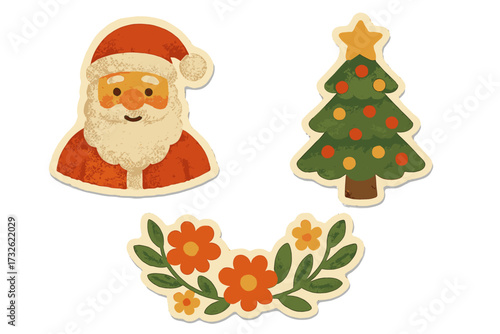 Vintage torn paper stickers set with warm Santa Claus face, decorated Christmas tree with star, and floral wreath in naive clay style for holiday decor and retro zine