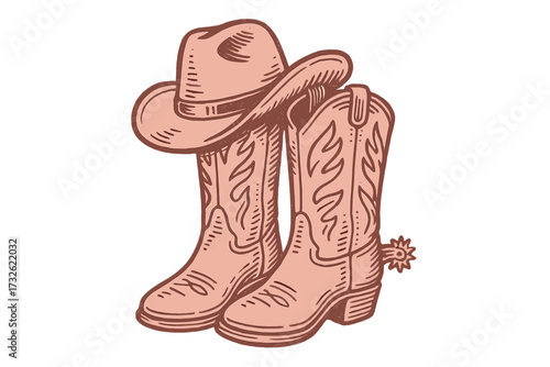 Vintage cowgirl boots and cowboy hat isolated, pink western boots with hat, retro 60s style wild west theme, hand drawn vector design for postcard, t-shirt, sticker