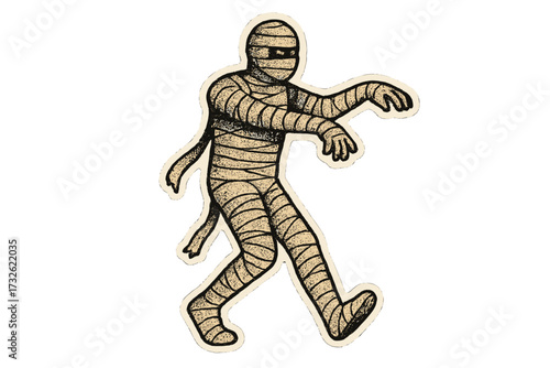 Vintage walking mummy Halloween illustration, halftone dot style, mixed media collage, 90s zine paper cutout, spooky cartoon vector sticker design