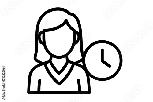 Woman with Clock Icon, Time Management and Scheduling Concept, Female Office Worker Outline, Productivity and Deadline Symbol, Vector Graphic for Business, Apps, Web Design