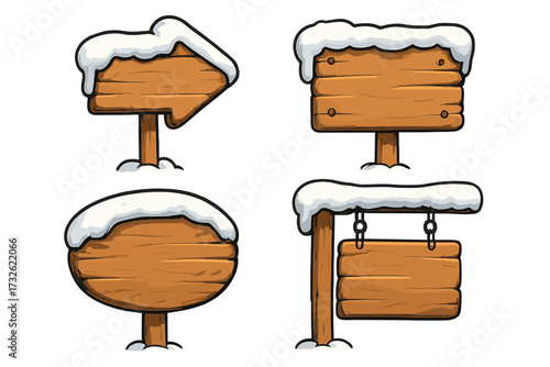 Wooden signboard collection with snow cap, cartoon style vector set of snowy wooden signs, directional arrow, hanging board, and oval sign on transparent background, winter theme