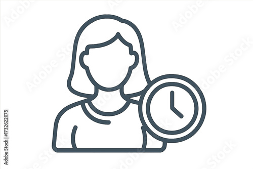 Woman with Clock Outline Icon, Time Management Concept, Female User Profile with Clock, Vector Illustration for Graphic Design, Apps, Advertisements, and Various Cards