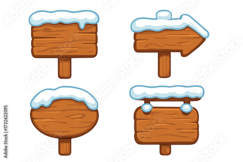 Wooden signboard set with snow caps, cartoon style vector illustration, blank wood signs for winter holiday directions and messages, rustic wooden boards with snow, transparent background