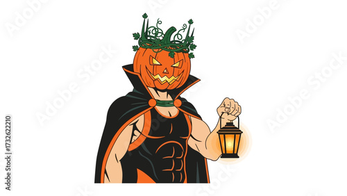 Pumpkin-headed Figure with Lantern: A captivating illustration of a figure with a pumpkin for a head, donning a regal cloak and wielding a lantern, epitomizing the spirit of Halloween.
