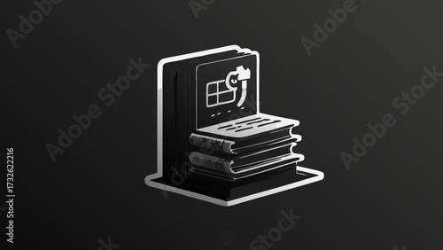 Conceptual black and white illustration of books with a digital cloud icon bookend, representing online education and knowledge.