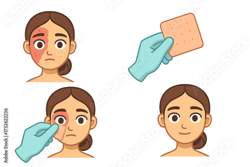 The process of artificial skin creation and transplantology. Woman's face showing damaged skin and restoration treatment with medical dressing application. Vector cartoon illustration.