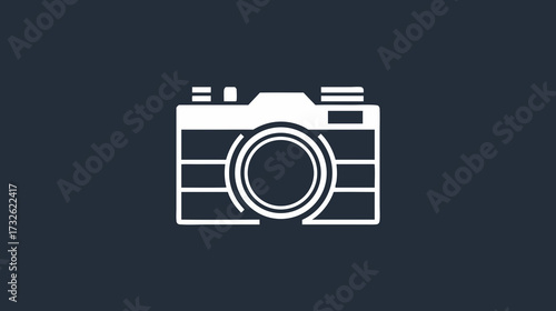 Simple White Outline Camera Icon on Dark Grey Background. Minimalist Photography Symbol for Digital Media and Graphic Design.
