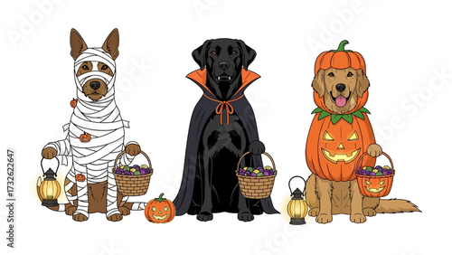 Halloween Dog Trio: Delightful dogs costumed for Halloween, including a mummy dog, a vampire dog, and a pumpkin dog, stand with their trick or treat baskets. 
