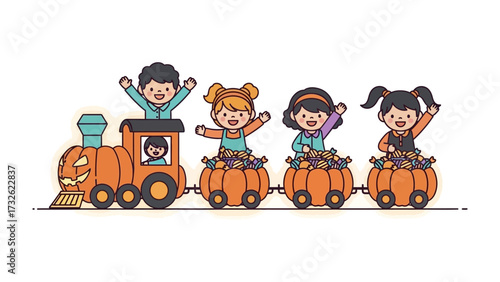 Autumn's Charmed Journey: A delightful illustration captures children's joyous ride on a Halloween train decorated with pumpkins. conveying a sense of childlike wonder and playful seasonal joy. 
