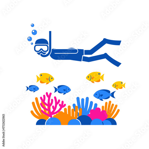 Vector illustration of a scuba diver swimming underwater above a colorful coral reef with tropical fish.