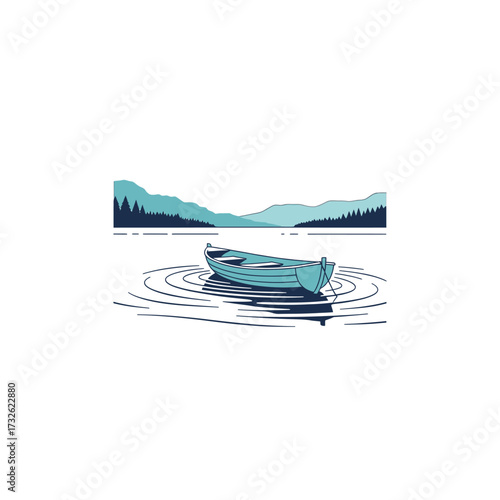A serene blue rowboat floats on a calm lake with ripples, surrounded by distant mountains and pine trees under a clear sky, in a minimalist illustration style.