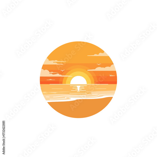 A minimalist circular graphic depicting a serene sunset over the ocean, with the sun's reflection on the water and a sandy beach in the foreground.