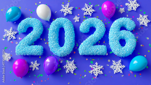 Bright and cheerful “2026” text in a festive style on a dark blue background, decorated with snowflakes, confetti, garlands, and ornaments. 