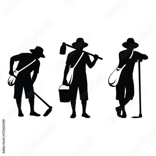 Silhouettes of gardeners with tools and bags celebrating outdoor work and agriculture silhouette