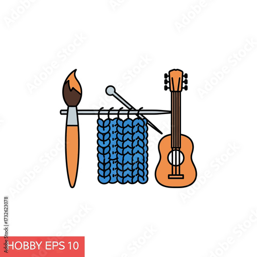 Illustration of various hobbies including painting with a paintbrush, knitting with yarn and needles, and playing music with an acoustic guitar.