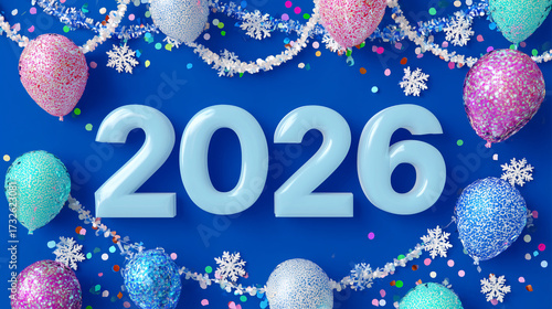 Festive “2026” on Dark Blue Background with New Year Decorations