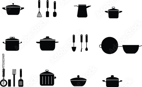 Kitchen utensil silhouettes, cooking pot, whisk, spatula, spoon, kettle, colander, cookware collection, black icons, culinary tools, minimalist design illustration