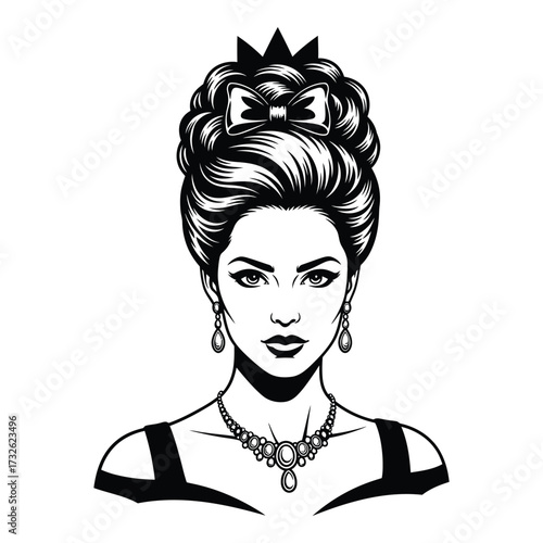 Elegant woman with elaborate hairstyle and regal jewelry hand drawn portrait artwork silhouette