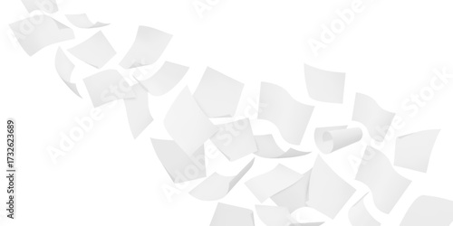 Flying white paper sheets, vector realistic throw paper pile flow floating in air, curl page blanks flight on wind blow