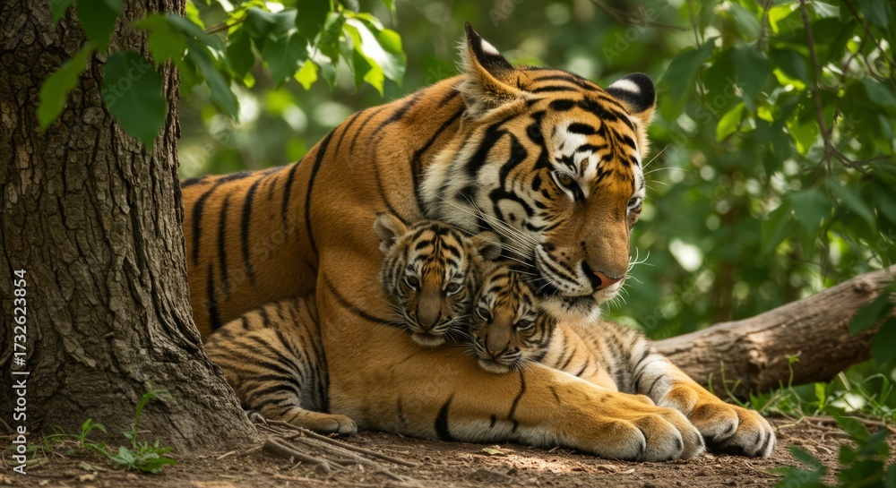 Fototapeta premium Tiger illustration. Powerful and majestic big cat predator with bold stripes. Symbol of strength, courage, and wilderness. Perfect for wildlife, nature, and education projects.