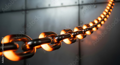 Close-up of a Strong Metal Chain with Links Glowing Orange Against a Dark Industrial Background