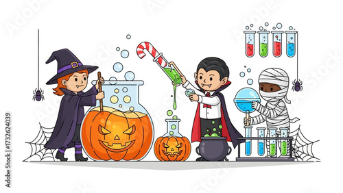 Halloween Laboratory: A lively Halloween scene featuring a witch, a vampire, and a mummy working in a laboratory filled with spooky elements, blending the fun of Halloween with scientific exploration
