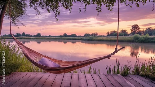 Hammock on dock at a serene lake with a vibrant sunset sky reflecting on water