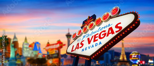Welcome To Fabulous Las Vegas Sign With Beautiful City Lights at Sunset