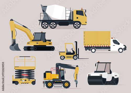 A bustling construction site comes to life with six distinct vehicles, including a cement mixer, drill, forklift, and roller, each playing a vital role in shaping the landscape
