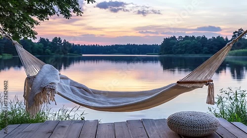 Hammock with a blanket and pouf on a deck overlooking a lake at sunset, peaceful and serene