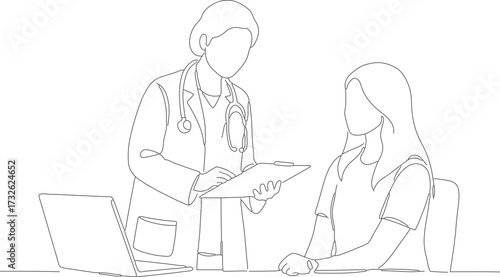 Line Art Doctor Consulting Patient with Clipboard Healthcare Illustration