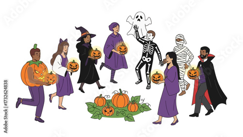 Halloween Gathering: Diverse people dressed in vibrant Halloween costumes, accompanied by pumpkins, gathering, evoking the spirit of the holiday in a colorful and lively illustration.