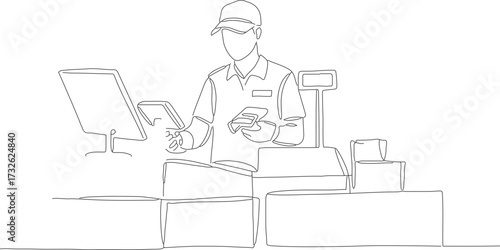 Continuous Line Art of Supermarket Clerk at Checkout Counter Illustration