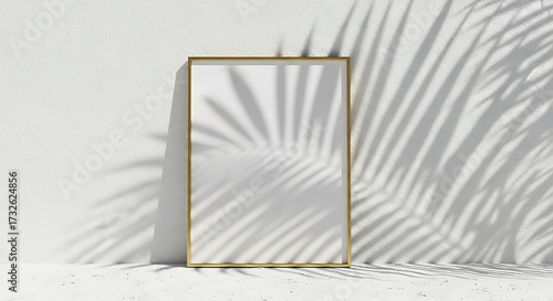 Fototapeta Naklejka Na Ścianę i Meble -  Elegant golden frame mockup casting a soft shadow of a palm leaf against a white wall, creating a serene and tropical ambiance ideal for showcasing artwork or adding a touch of nature to your space