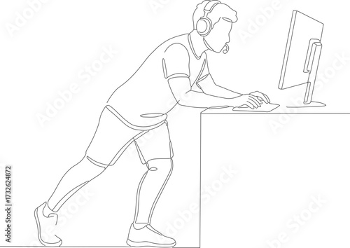 Minimalist Outline Gamer Line Art Concentrated at Computer Illustration