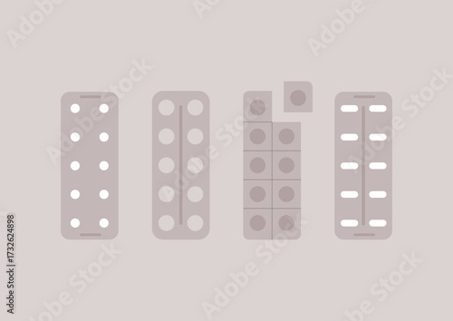 Five pill blisters arranged neatly showcase different configurations of tablets, emphasizing the importance of medication organization and health management in daily life