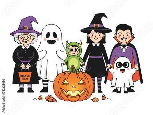 Halloween Festivities: A group of children and adults in festive attire, surrounded by a carved pumpkin, exuding the thrill of the spooky holiday. 