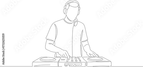 Minimalist One Line DJ Mixing Console with Headphone Music Performance Art