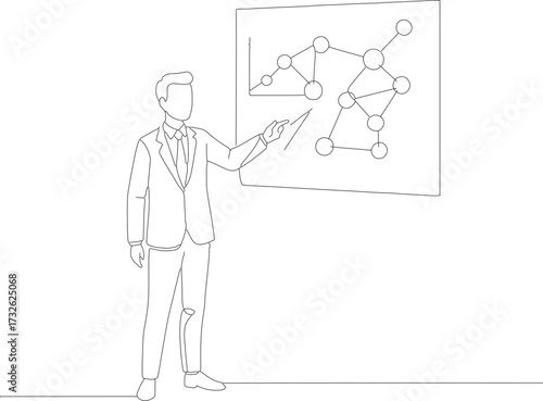 Minimalist Line Art Man Presenting Network Graph on Whiteboard