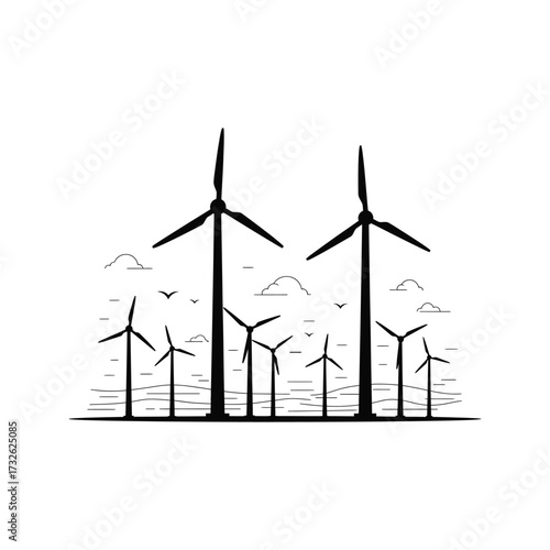 Black silhouette of wind turbines on the water with birds and clouds in the sky