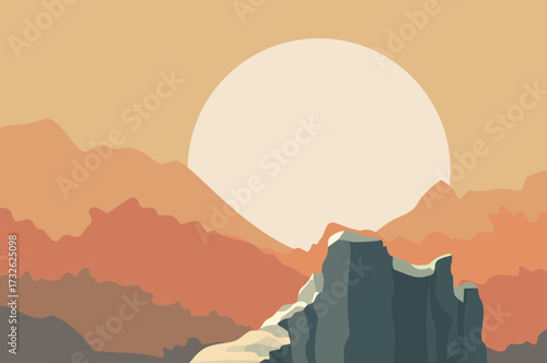 Minimalist desert mountain landscape illustration with rocky cliffs and large sun