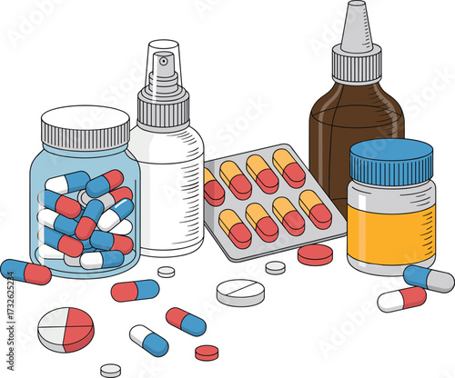 Pharmaceutical medicine illustration with pills, capsules, bottles, blister packs, medical containers, healthcare concept artwork for pharmacy, education, and design